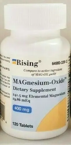 Rising Pharmaceuticals Magnesium Oxide 400mg Dietary Supplement – 120 Tablets